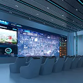 Modern Control Room With Multiple Screens Showing City Map Data Blue Chairs And Ceiling Lights
