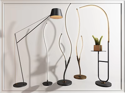 Modern Floor Lamps With Curved Metal Designs Black Bases And Plant Shelf 3d model