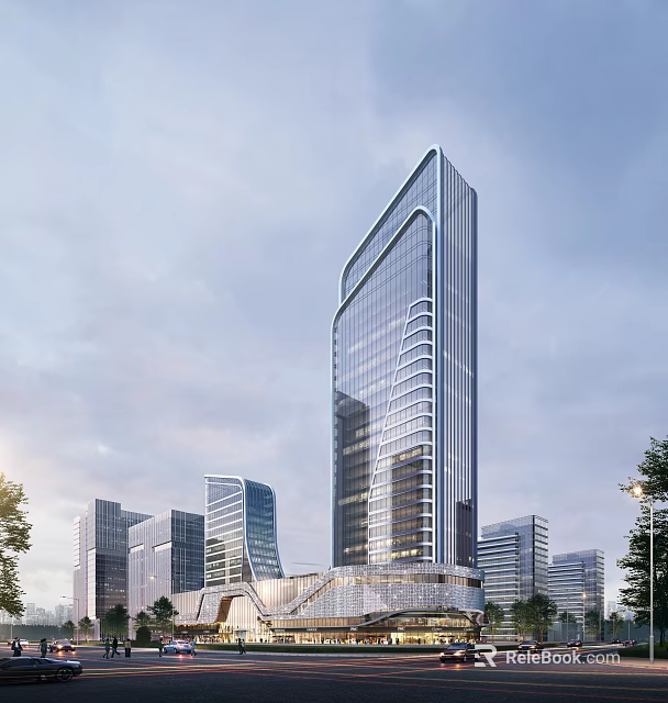 Modern High Rise Office Building With Glass Curtain Wall And Urban Skyline 3d model 