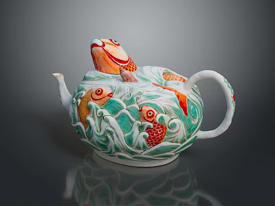 Decorative Teapot With Colorful Fish Patterns And Green Orange Wave Designs 3d model