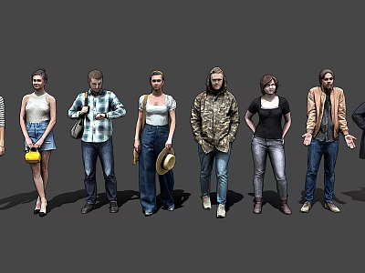 Group of People in Various Casual Outfits Standing in Different Poses 3d model