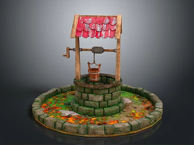 Traditional Well Structure With Red Tiled Roof Wooden Bucket Stone Base And Fallen Leaves 3d model