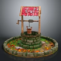 Traditional Well Structure With Red Tiled Roof Wooden Bucket Stone Base And Fallen Leaves