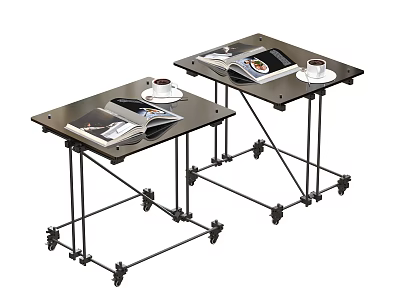 Modern Side Tables With Metal Frame Wheels Magazines And Coffee Cups 3d model