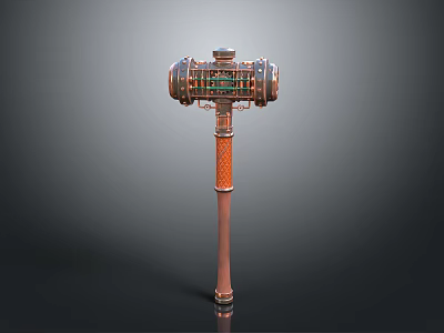 Steampunk Mechanical Hammer Weapon with Orange Handle and Intricate Metal Head Design 3d model