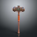 Steampunk Mechanical Hammer Weapon with Orange Handle and Intricate Metal Head Design