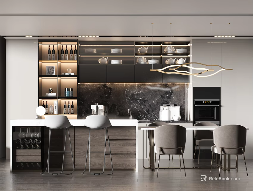 Elegant Modern Dining Table Set With Bar Counter Chairs And Marble Top 3d model 