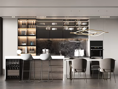 Elegant Modern Dining Table Set With Bar Counter Chairs And Marble Top 3d model