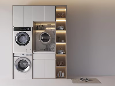 Modern Balcony Cabinet with Washing Machine Dryer Marble Countertop and Storage Shelves 3d model