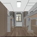 Dormitory Room Interior With Bunk Beds Wooden Cabinets Desks Chairs Window And Numbered 2 3