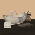 Modern Beige Bathroom Bathtub with Silver Faucet Towel Wooden Stool and Amenity Bottles