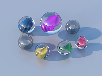Multiple Transparent Glass Spheres With Colored Liquid Interiors On Blue Background 3d model