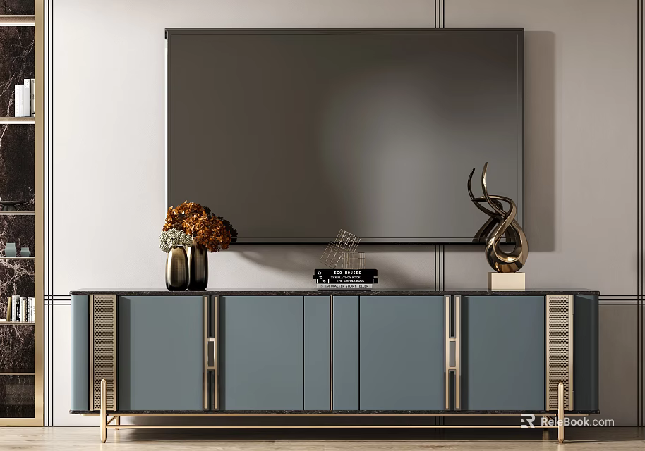 Modern Gray TV Stand With Gold Accents And Decorative Vase Sculpture 3d model 