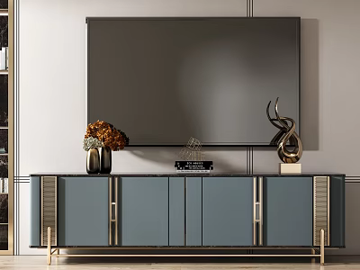 Modern Gray TV Stand With Gold Accents And Decorative Vase Sculpture 3d model