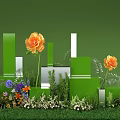Decorative Floral Display with Green White Cubes Orange Flowers and Colorful Garden Plants