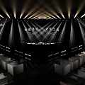 Spacious Contemporary Event Venue With Illuminated Stage Arranged Seats And Cloud Theme Design