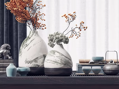 Marble Pattern Vases With Orange Berries White Flowers On Wooden Table And Small Blue Vases 3d model