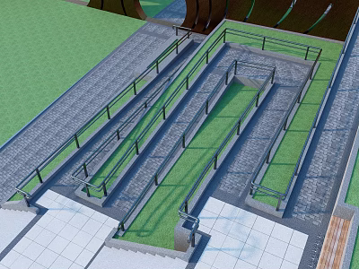 Modern Garden Landscape Design With Paved Pathways Green Lawns Steps And Railings 3d model