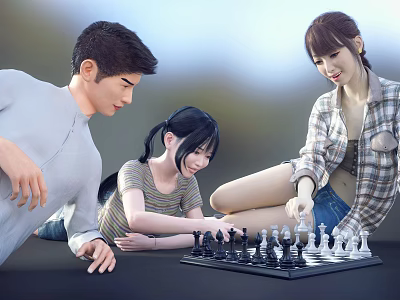 Three People Playing Chess Together on the Ground During Leisure Time 3d model