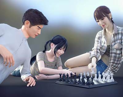 Three People Playing Chess Together on the Ground During Leisure Time 3d model