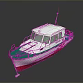 Small Modern White Cabin Boat With Red Bottom Green Railings And Lifebuoy