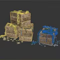 Three Wooden Crates Covered with Plants and Moss and Scattered Small Stones