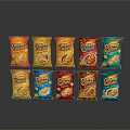 CRUNCHY Potato Chips with Various Flavors in Colorful Packaging Neatly Arranged