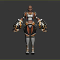 Futuristic Female Warrior Character In Detailed Orange And White Mechanical Armor Costume