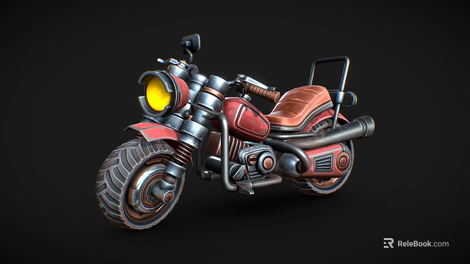 Vintage Red 3D Model Motorcycle with Yellow Headlight Brown Leather Seat and Large Tires 3d model 