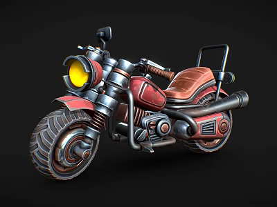 Vintage Red 3D Model Motorcycle with Yellow Headlight Brown Leather Seat and Large Tires 3d model