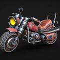 Vintage Red 3D Model Motorcycle with Yellow Headlight Brown Leather Seat and Large Tires