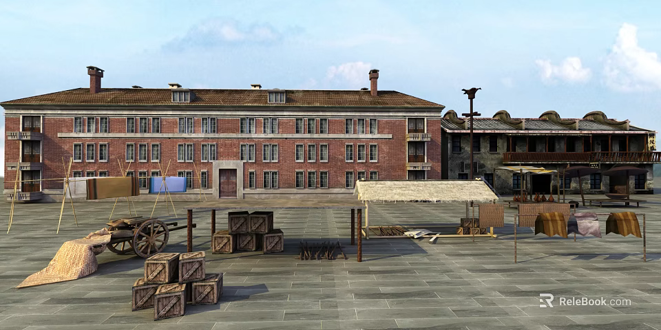 Historic Red Brick Building Plaza Featuring Wooden Crates Wagon And Canvas Canopy 3d model 