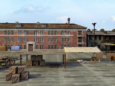 Historic Red Brick Building Plaza Featuring Wooden Crates Wagon And Canvas Canopy 3d model