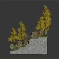 Cartoon Forest Scene with Yellow Trees Small Wooden House and Wooden Walkways on Rocky Platform