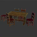 Classic Wooden Dining Table Set With Four Chairs And Red Seat Cushions For Home