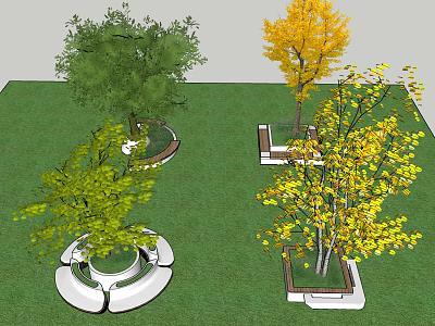 Outdoor Tree Planters With Green And Yellow Leaf Trees In Grass Landscape Design 3d model