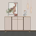 Modern Entryway Cabinet And Side Console Design With Sculpture Vase And Pendant Lights