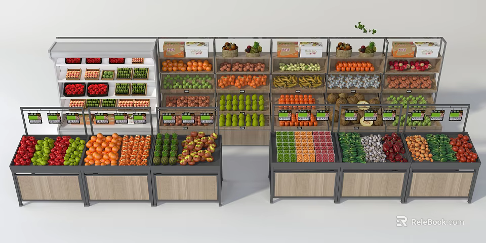 Fruit Vegetable Display Shelves With Multiple Layers Wooden Metal Structure And Organized Fresh Produce 3d model 