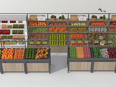 Fruit Vegetable Display Shelves With Multiple Layers Wooden Metal Structure And Organized Fresh Produce 3d model
