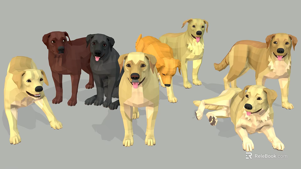 Low Poly Style Dogs in Various Colors and Different Poses on Gray Background 3d model