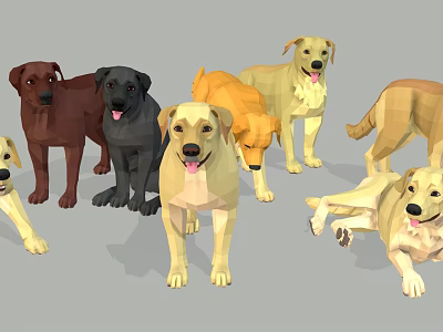 Low Poly Style Dogs in Various Colors and Different Poses on Gray Background 3d model