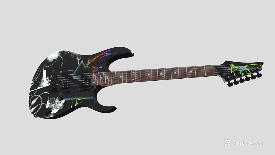 Black Electric Guitar With Colorful Graffiti Art Patterns Stars And Lines Design 3d model 