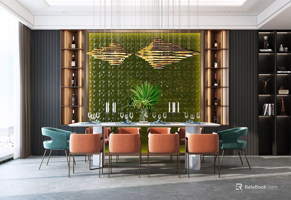 Modern Restaurant Interior With Green Accent Wall Hanging Pendant Lights And Orange Chairs 3d model 