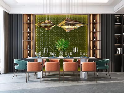Modern Restaurant Interior With Green Accent Wall Hanging Pendant Lights And Orange Chairs 3d model