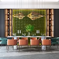 Modern Restaurant Interior With Green Accent Wall Hanging Pendant Lights And Orange Chairs