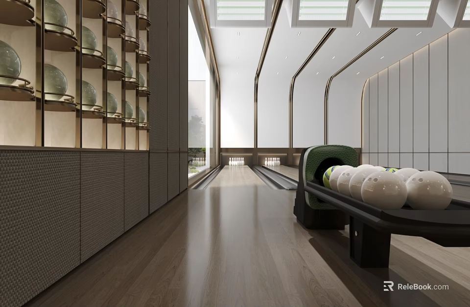 Modern Bowling Alley Interior With Lanes Bowling Balls And Storage 3d model 