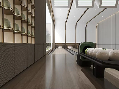 Modern Bowling Alley Interior With Lanes Bowling Balls And Storage 3d model