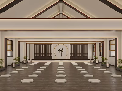 Zen Traditional Hotel Lobby Interior With Wooden Floors And Round Cushions 3d model