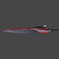 Red Streamlined Spaceship With Three Engines Emitting Blue Light Against Black Background