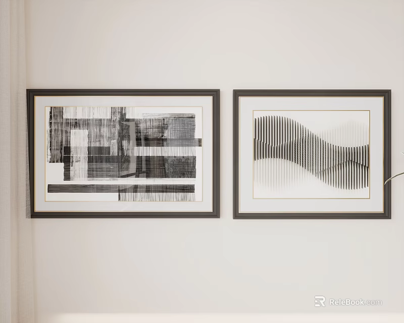 Two Modern Abstract Paintings With Black White Lines On Wall 3d model